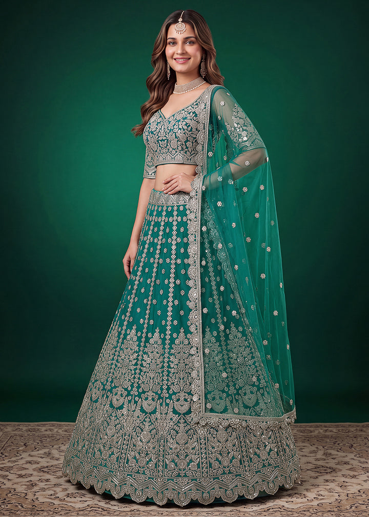 Buy Now Rama Zari Dori &amp; Multiple Sequins Wedding Lehenga Choli Online in US, UK, Canada, France, Italy, Germany, Sweden, Austria, UAE &amp; Worldwide at Empress.