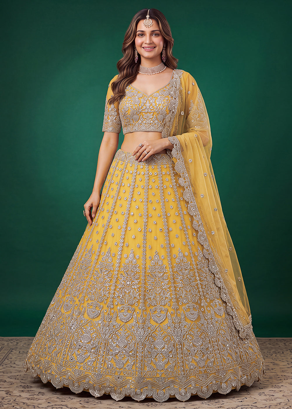 Buy Now Yellow Zari Dori &amp; Multiple Sequins Wedding Lehenga Choli Online in US, UK, Canada, France, Italy, Germany, Sweden, Austria, UAE &amp; Worldwide at Empress.