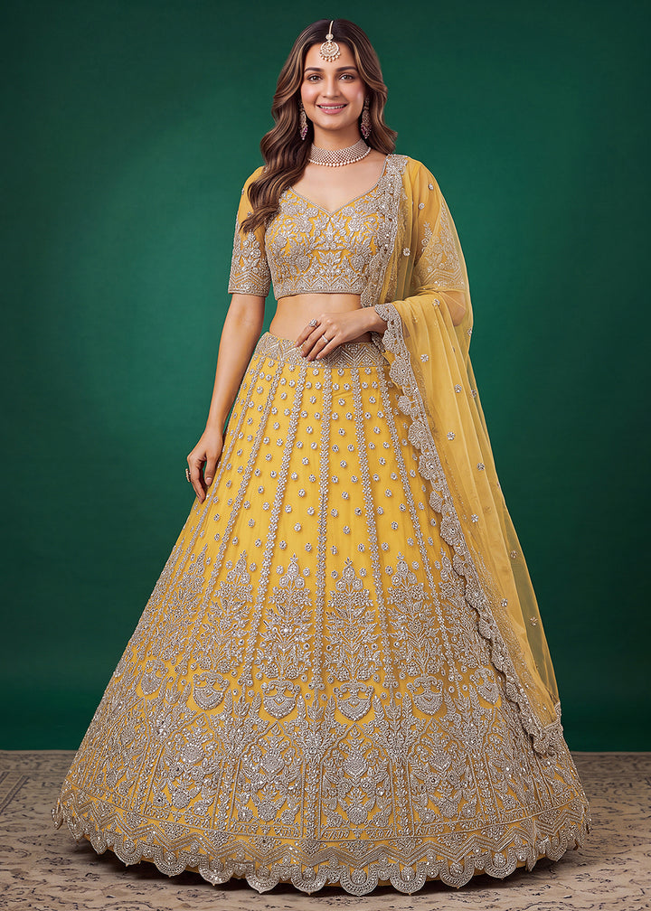 Buy Now Yellow Zari Dori &amp; Multiple Sequins Wedding Lehenga Choli Online in US, UK, Canada, France, Italy, Germany, Sweden, Austria, UAE &amp; Worldwide at Empress.