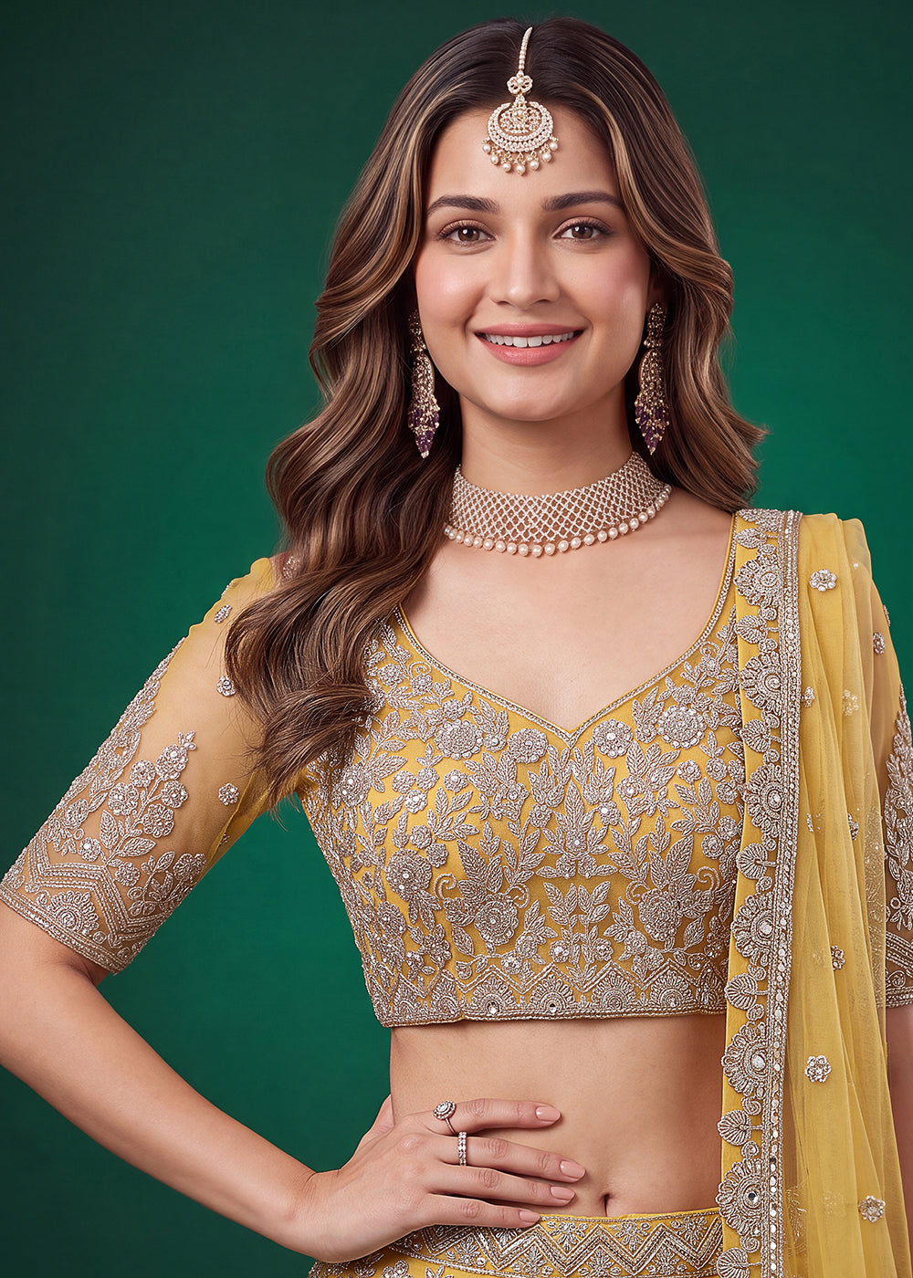 Buy Now Yellow Zari Dori & Multiple Sequins Wedding Lehenga Choli Online in US, UK, Canada, France, Italy, Germany, Sweden, Austria, UAE & Worldwide at Empress.