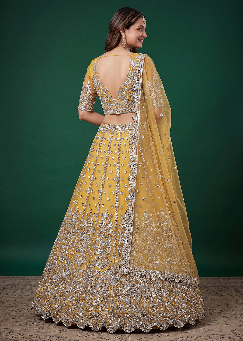 Buy Now Yellow Zari Dori &amp; Multiple Sequins Wedding Lehenga Choli Online in US, UK, Canada, France, Italy, Germany, Sweden, Austria, UAE &amp; Worldwide at Empress.