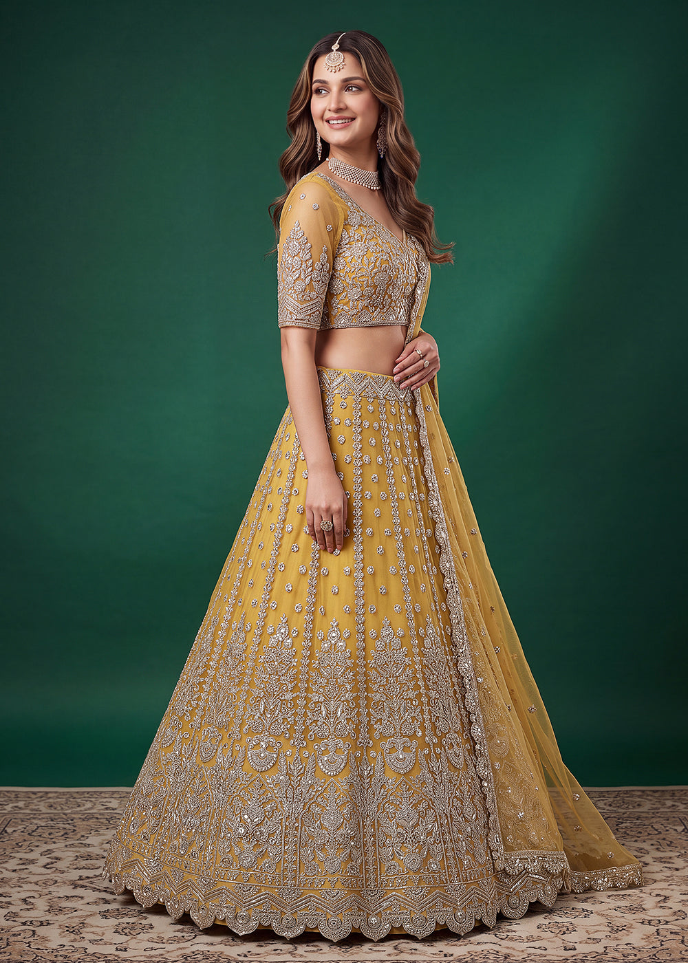 Buy Now Yellow Zari Dori &amp; Multiple Sequins Wedding Lehenga Choli Online in US, UK, Canada, France, Italy, Germany, Sweden, Austria, UAE &amp; Worldwide at Empress.