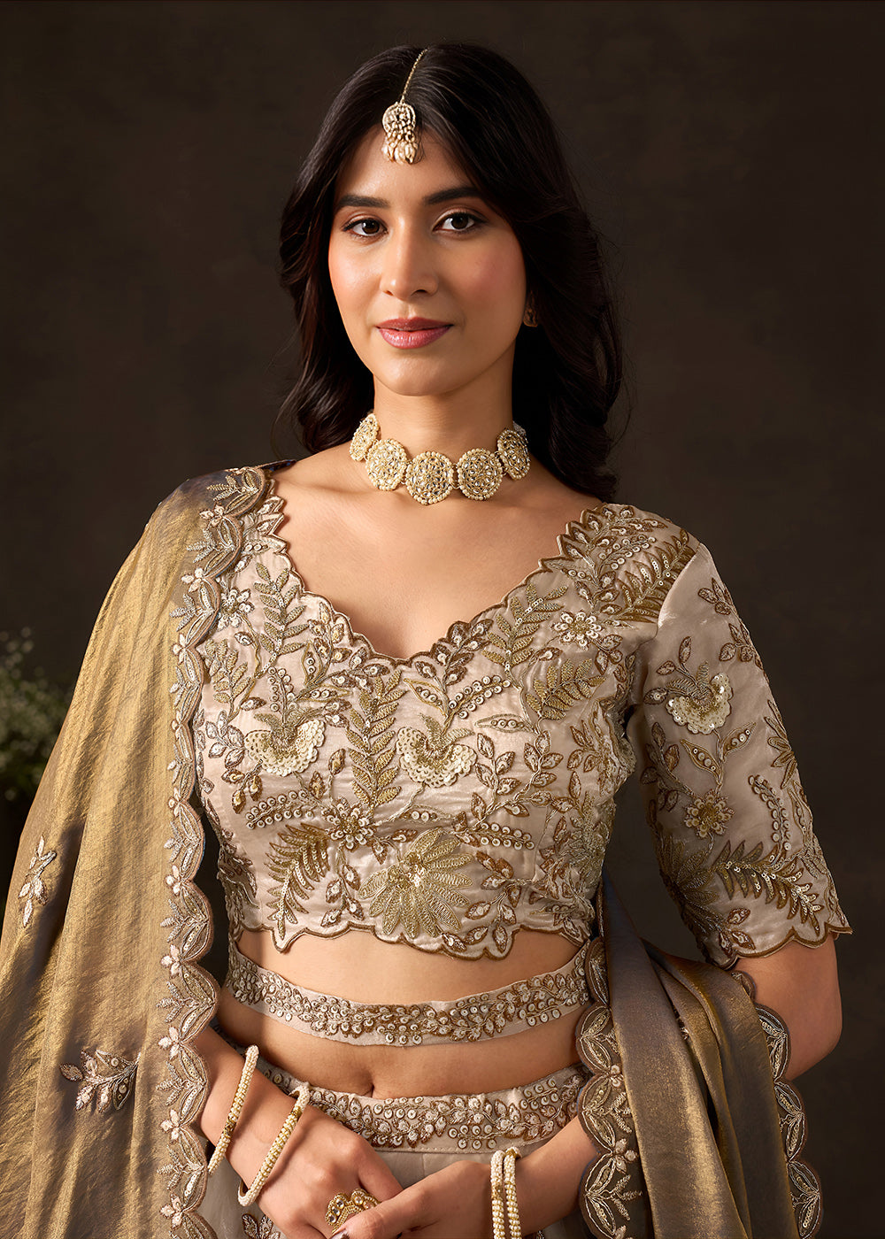 Shop Now Beige Gold Wedding Lehenga Choli with Bronze Dupatta Online in USA, UK, Canada, France, Germany, Spain, Austria, Sweden, UAE & Worldwide at Empress.