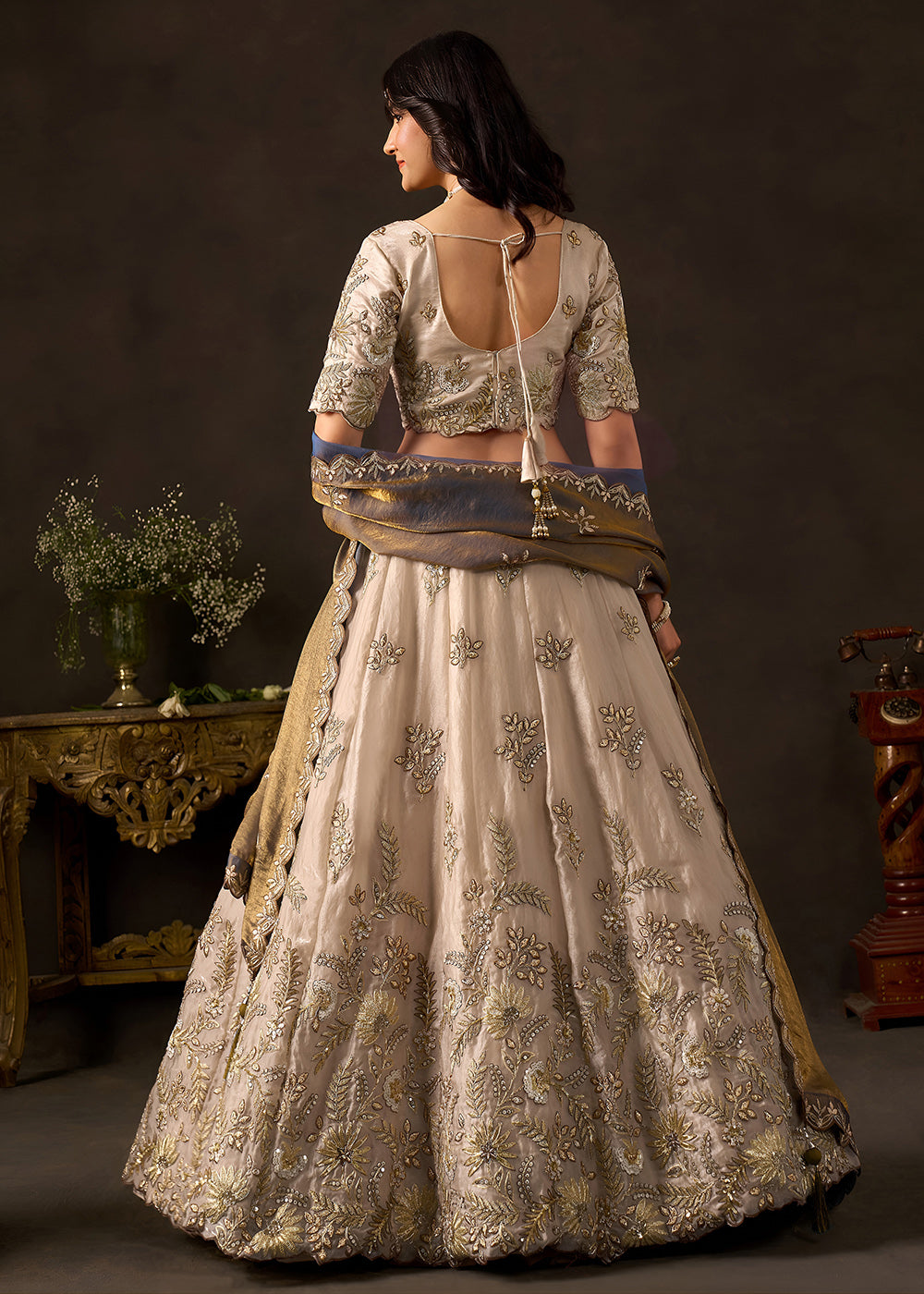 Shop Now Beige Gold Wedding Lehenga Choli with Bronze Dupatta Online in USA, UK, Canada, France, Germany, Spain, Austria, Sweden, UAE &amp; Worldwide at Empress.