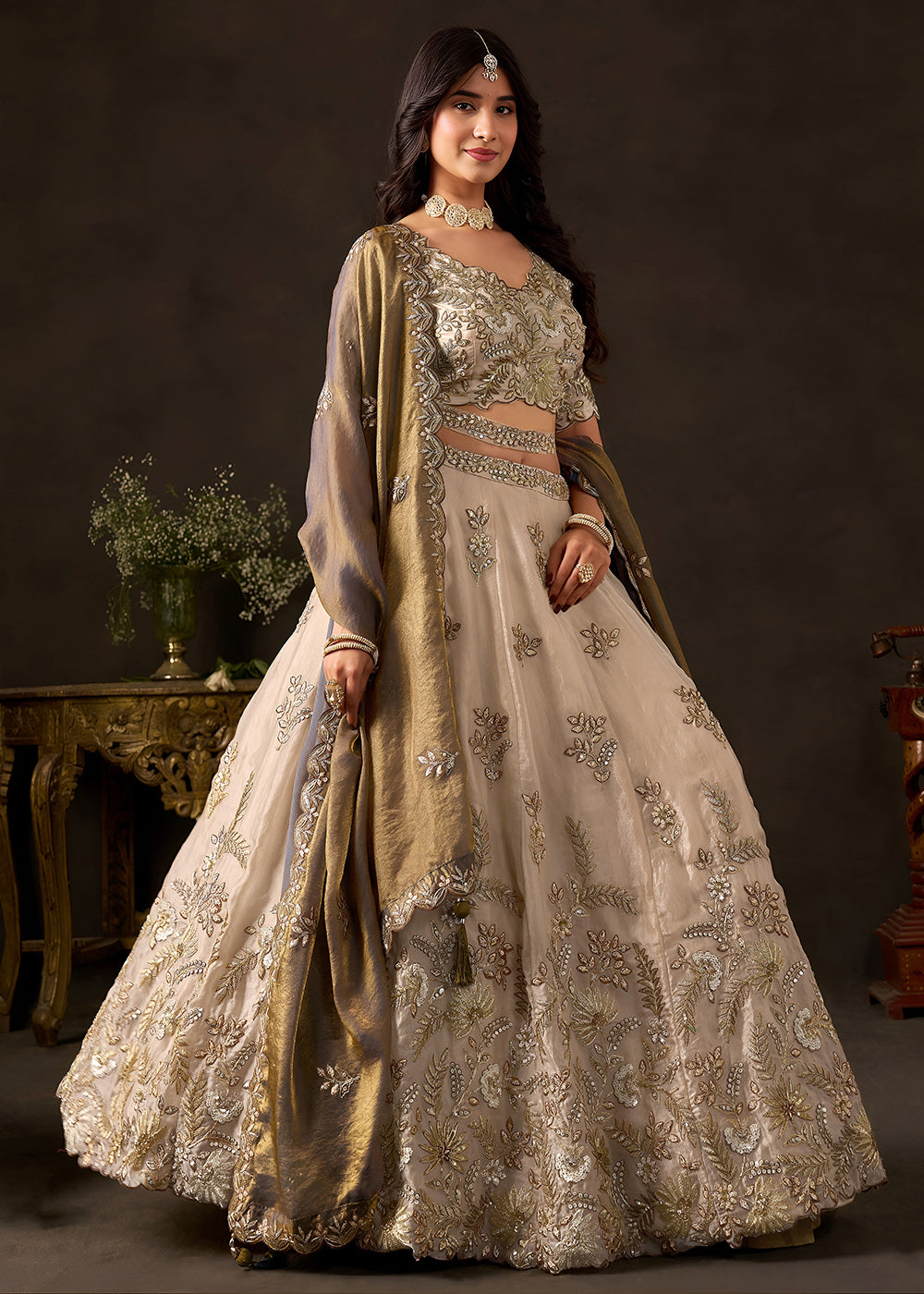 Shop Now Beige Gold Wedding Lehenga Choli with Bronze Dupatta Online in USA, UK, Canada, France, Germany, Spain, Austria, Sweden, UAE &amp; Worldwide at Empress.
