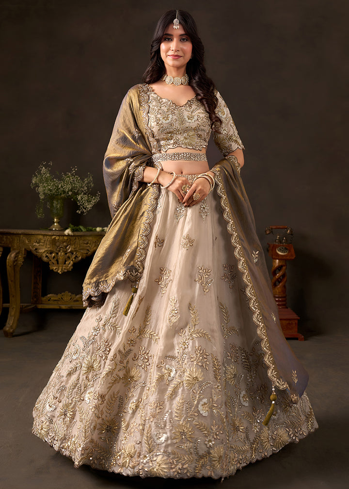 Shop Now Beige Gold Wedding Lehenga Choli with Bronze Dupatta Online in USA, UK, Canada, France, Germany, Spain, Austria, Sweden, UAE &amp; Worldwide at Empress.