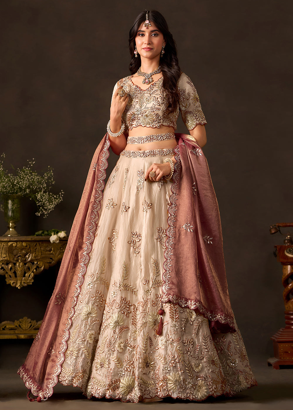 Shop Now Beige Gold Wedding Lehenga Choli with Copper Dupatta Online in USA, UK, Canada, France, Germany, Spain, Austria, Sweden, UAE &amp; Worldwide at Empress.