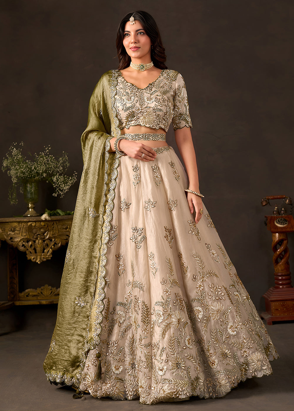 Shop Now Beige Gold Wedding Lehenga Choli with Olive Dupatta Online in USA, UK, Canada, France, Germany, Spain, Austria, Sweden, UAE & Worldwide at Empress.