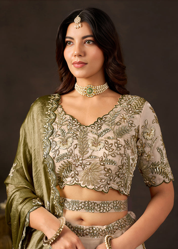 Shop Now Beige Gold Wedding Lehenga Choli with Olive Dupatta Online in USA, UK, Canada, France, Germany, Spain, Austria, Sweden, UAE &amp; Worldwide at Empress.