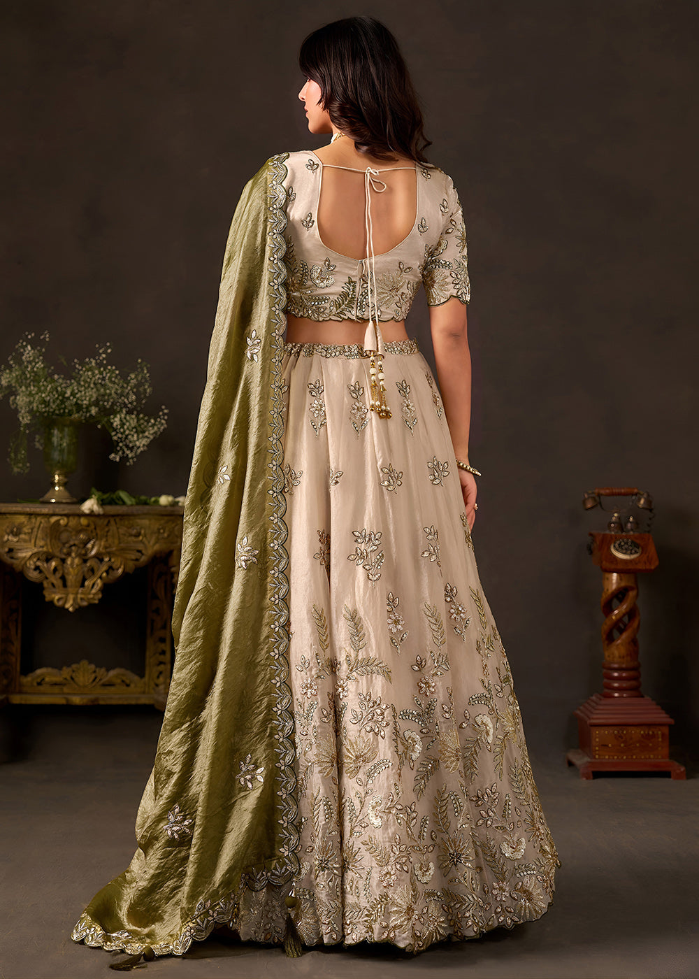 Shop Now Beige Gold Wedding Lehenga Choli with Olive Dupatta Online in USA, UK, Canada, France, Germany, Spain, Austria, Sweden, UAE &amp; Worldwide at Empress.
