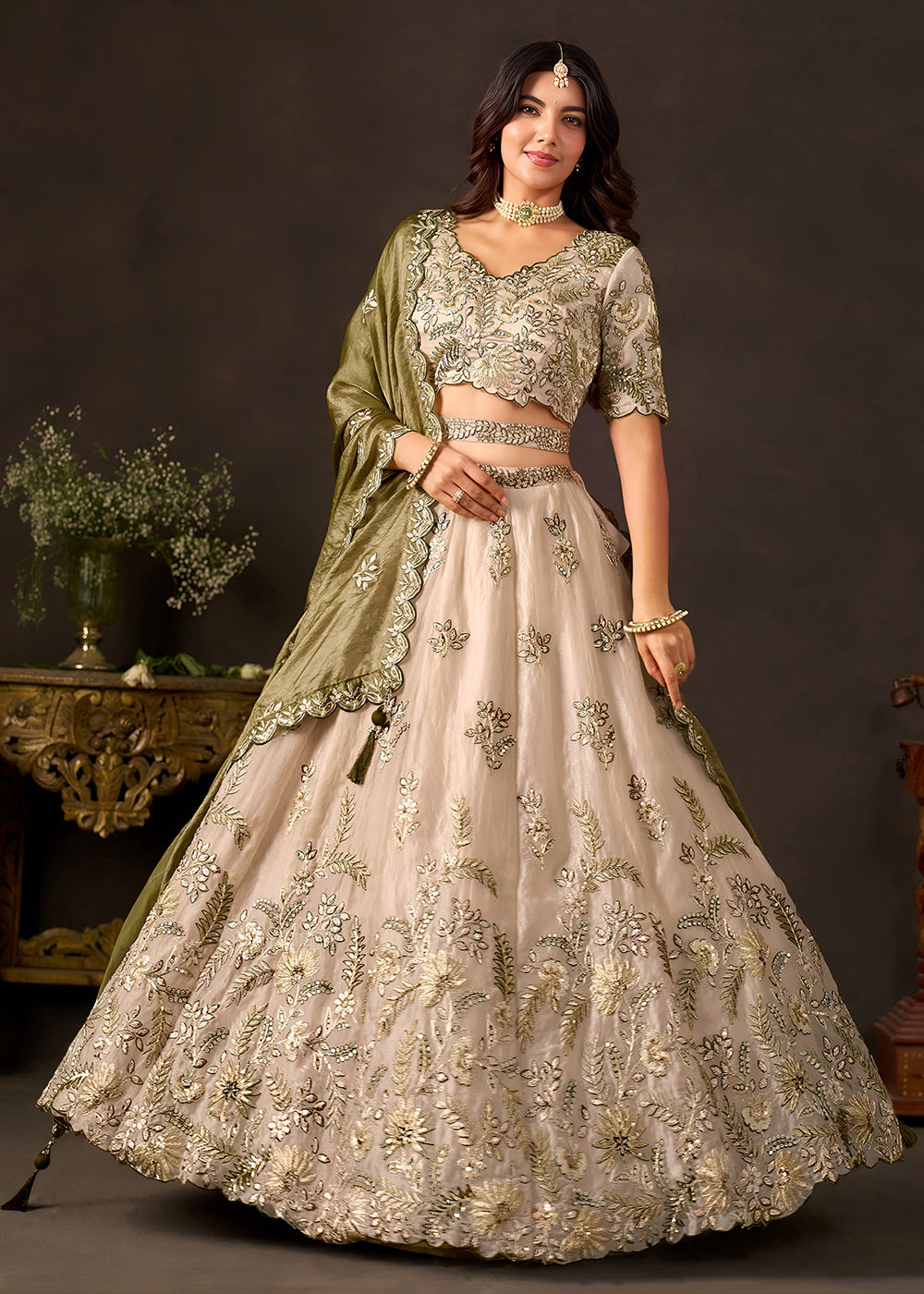 Shop Now Beige Gold Wedding Lehenga Choli with Olive Dupatta Online in USA, UK, Canada, France, Germany, Spain, Austria, Sweden, UAE &amp; Worldwide at Empress.