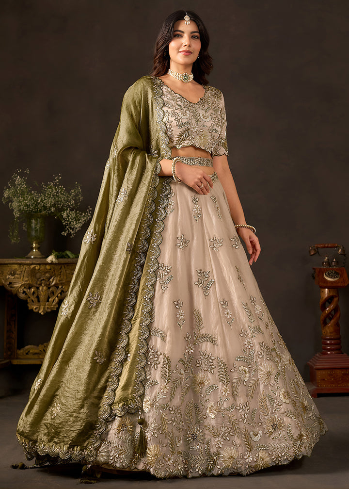 Shop Now Beige Gold Wedding Lehenga Choli with Olive Dupatta Online in USA, UK, Canada, France, Germany, Spain, Austria, Sweden, UAE &amp; Worldwide at Empress.