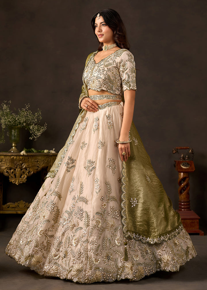 Shop Now Beige Gold Wedding Lehenga Choli with Olive Dupatta Online in USA, UK, Canada, France, Germany, Spain, Austria, Sweden, UAE &amp; Worldwide at Empress.