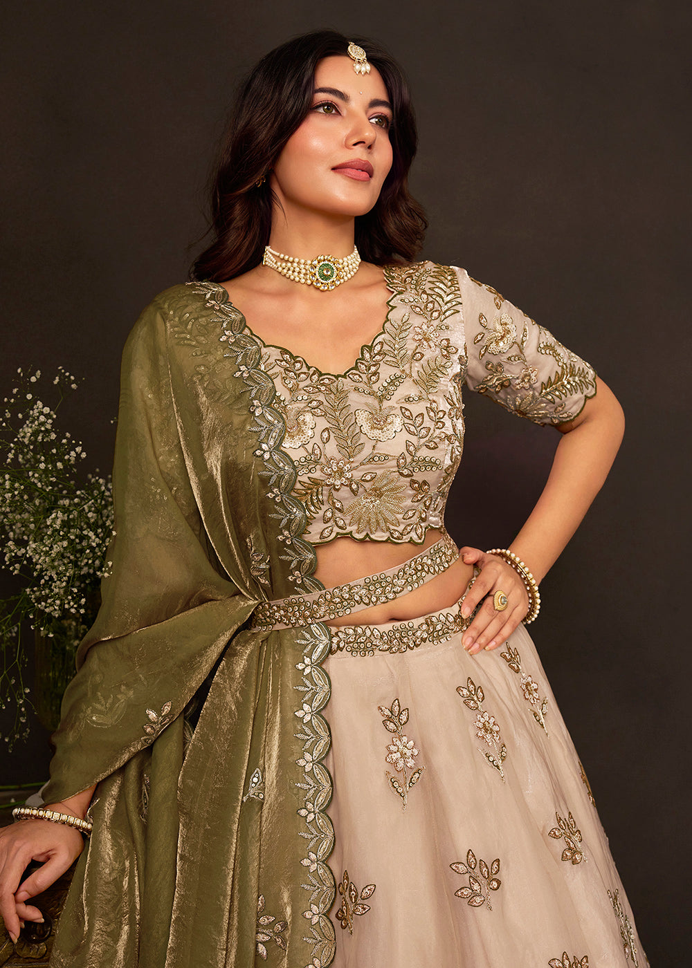 Shop Now Beige Gold Wedding Lehenga Choli with Olive Dupatta Online in USA, UK, Canada, France, Germany, Spain, Austria, Sweden, UAE &amp; Worldwide at Empress.