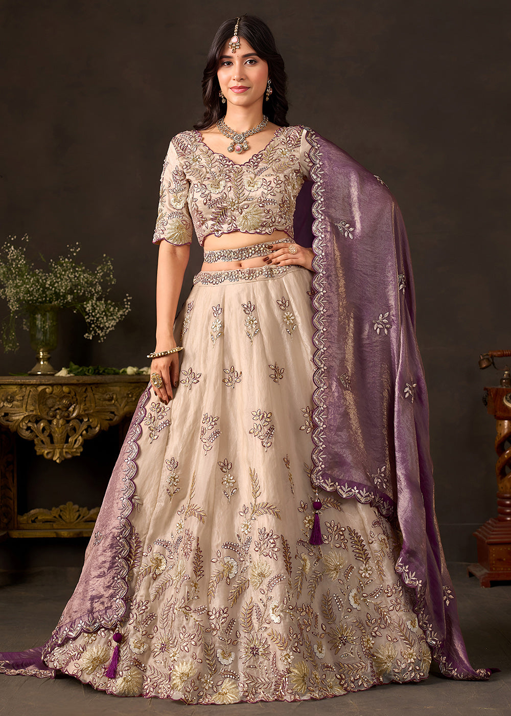 Shop Now Beige Gold Wedding Lehenga Choli with Purple Dupatta Online in USA, UK, Canada, France, Germany, Spain, Austria, Sweden, UAE & Worldwide at Empress.