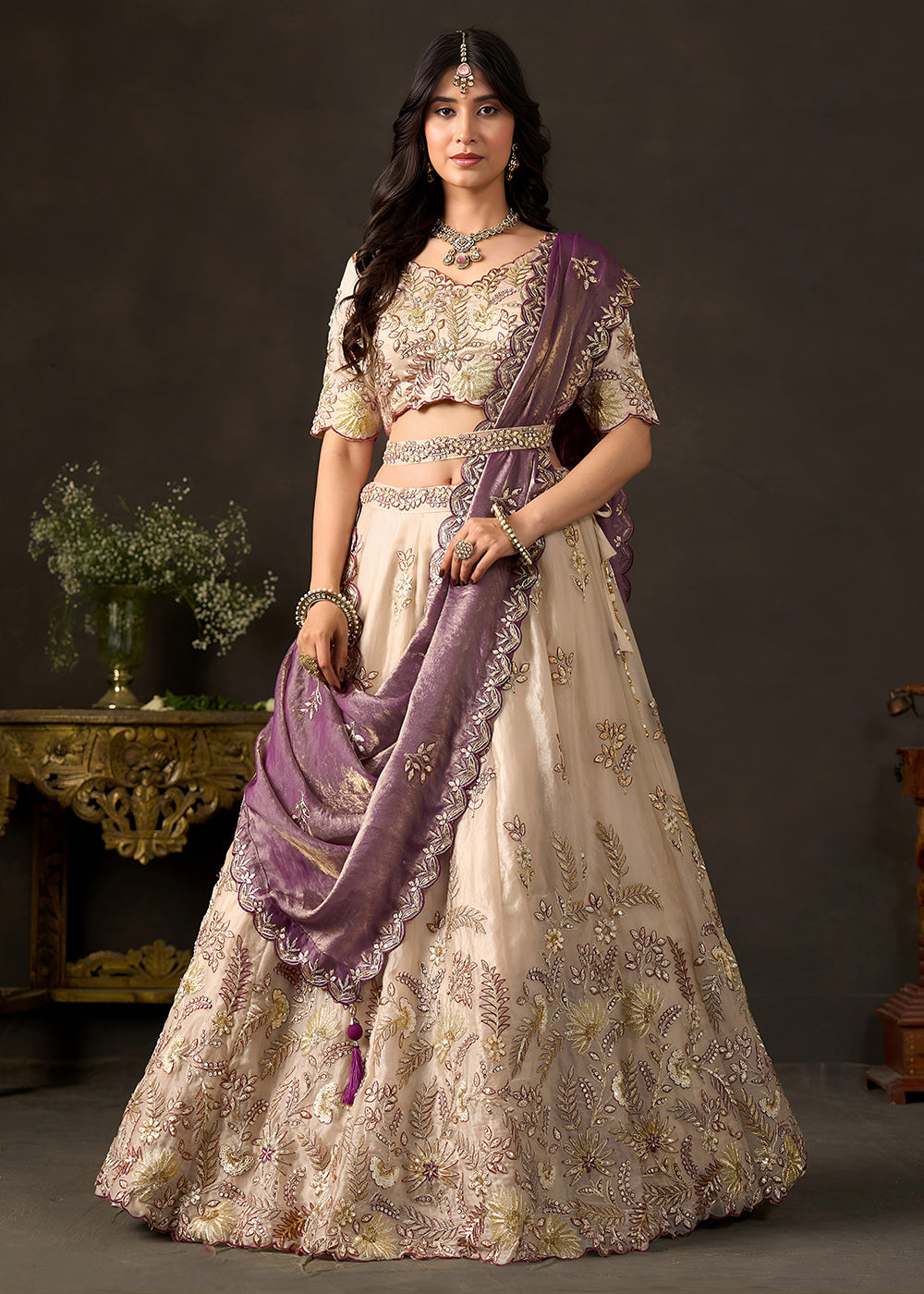 Shop Now Beige Gold Wedding Lehenga Choli with Purple Dupatta Online in USA, UK, Canada, France, Germany, Spain, Austria, Sweden, UAE &amp; Worldwide at Empress.
