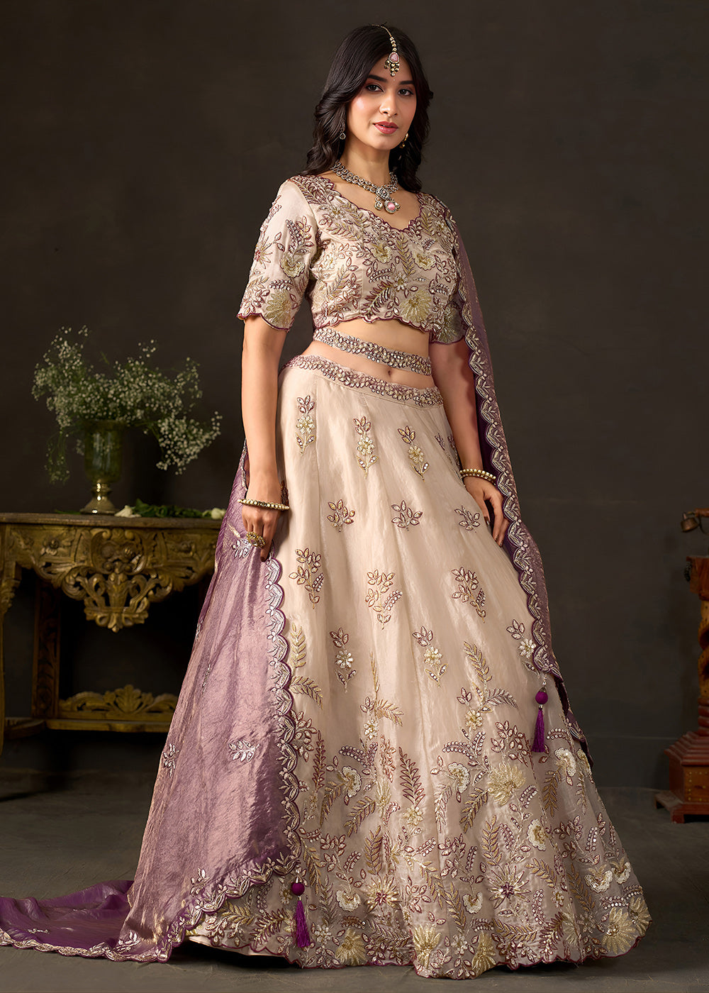 Shop Now Beige Gold Wedding Lehenga Choli with Purple Dupatta Online in USA, UK, Canada, France, Germany, Spain, Austria, Sweden, UAE &amp; Worldwide at Empress.