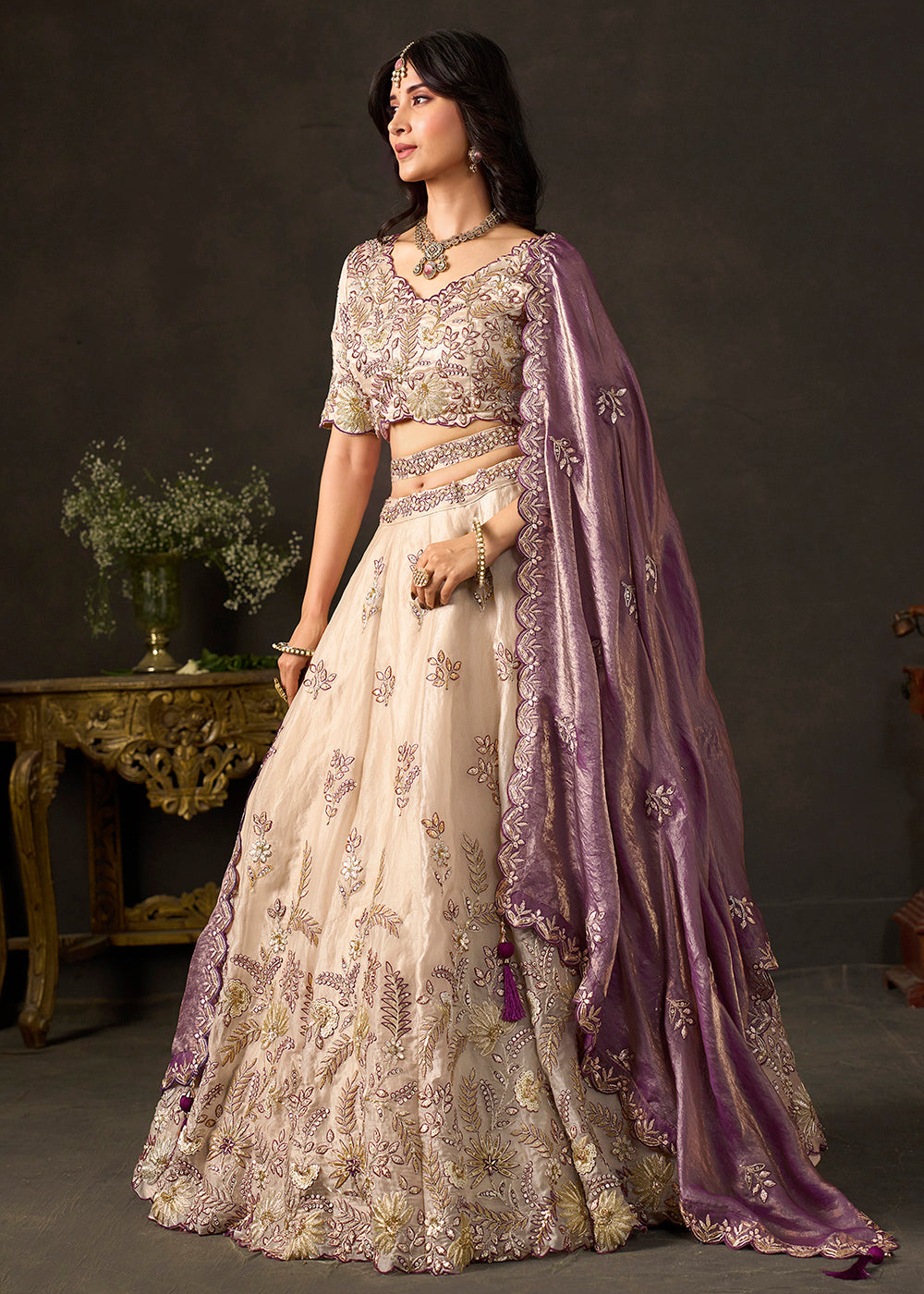 Shop Now Beige Gold Wedding Lehenga Choli with Purple Dupatta Online in USA, UK, Canada, France, Germany, Spain, Austria, Sweden, UAE &amp; Worldwide at Empress.