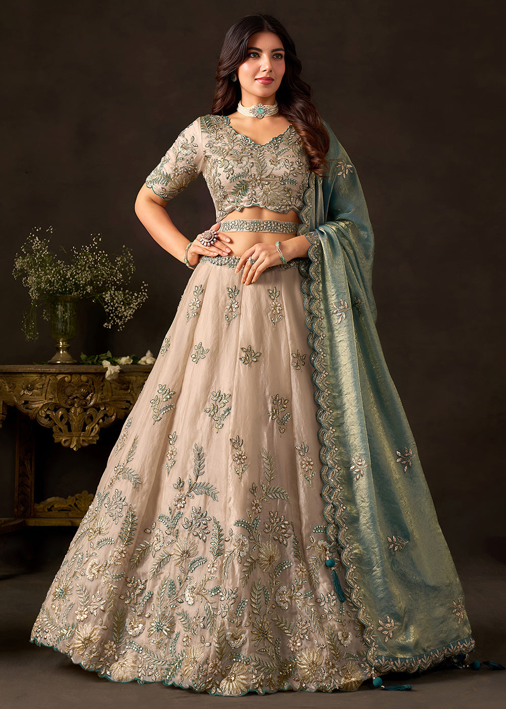 Shop Now Beige Gold Wedding Lehenga Choli with Teal Dupatta Online in USA, UK, Canada, France, Germany, Spain, Austria, Sweden, UAE & Worldwide at Empress.