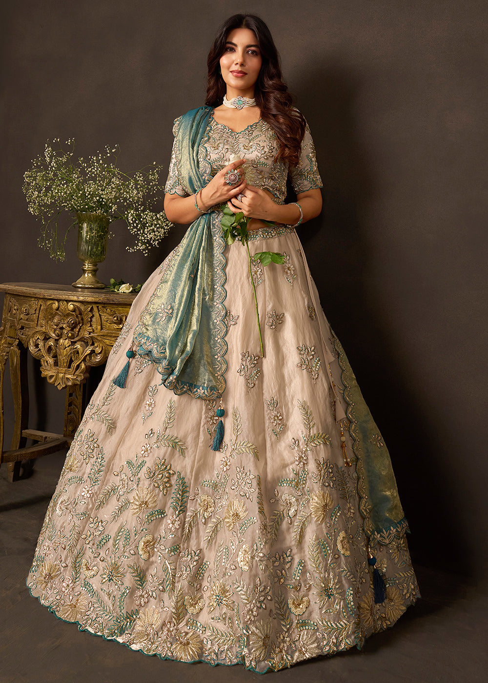 Shop Now Beige Gold Wedding Lehenga Choli with Teal Dupatta Online in USA, UK, Canada, France, Germany, Spain, Austria, Sweden, UAE &amp; Worldwide at Empress.