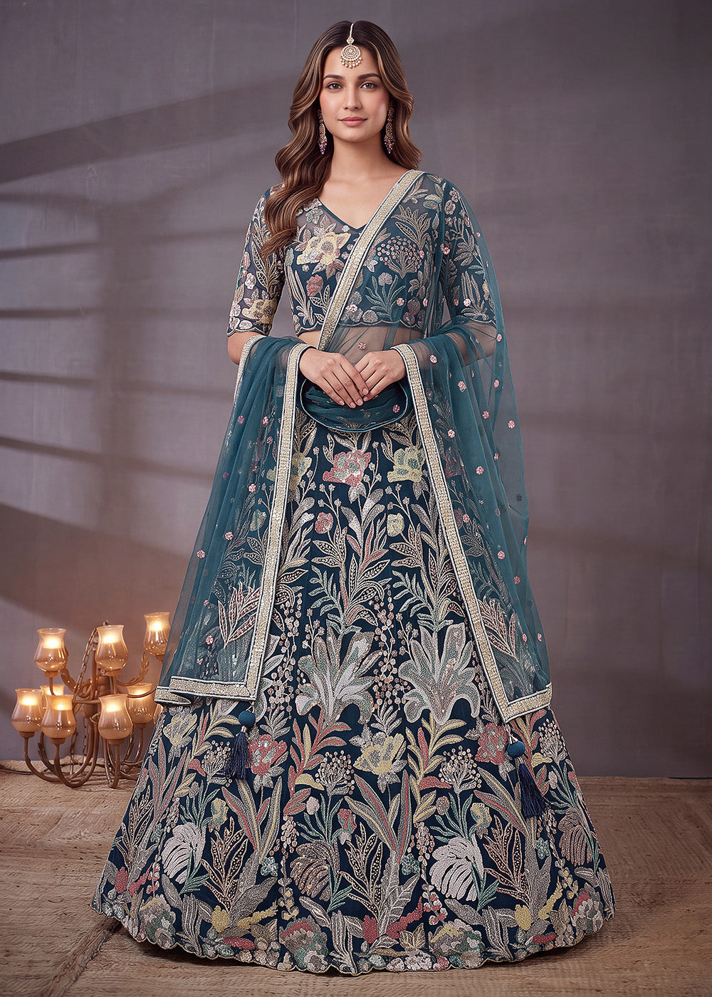 Shop Now Blue Multi Floral Embroidered Wedding Lehenga Choli Online in US, UK, Canada, France, Germany, Spain, Austria, Sweden, UAE & Worldwide at Empress.