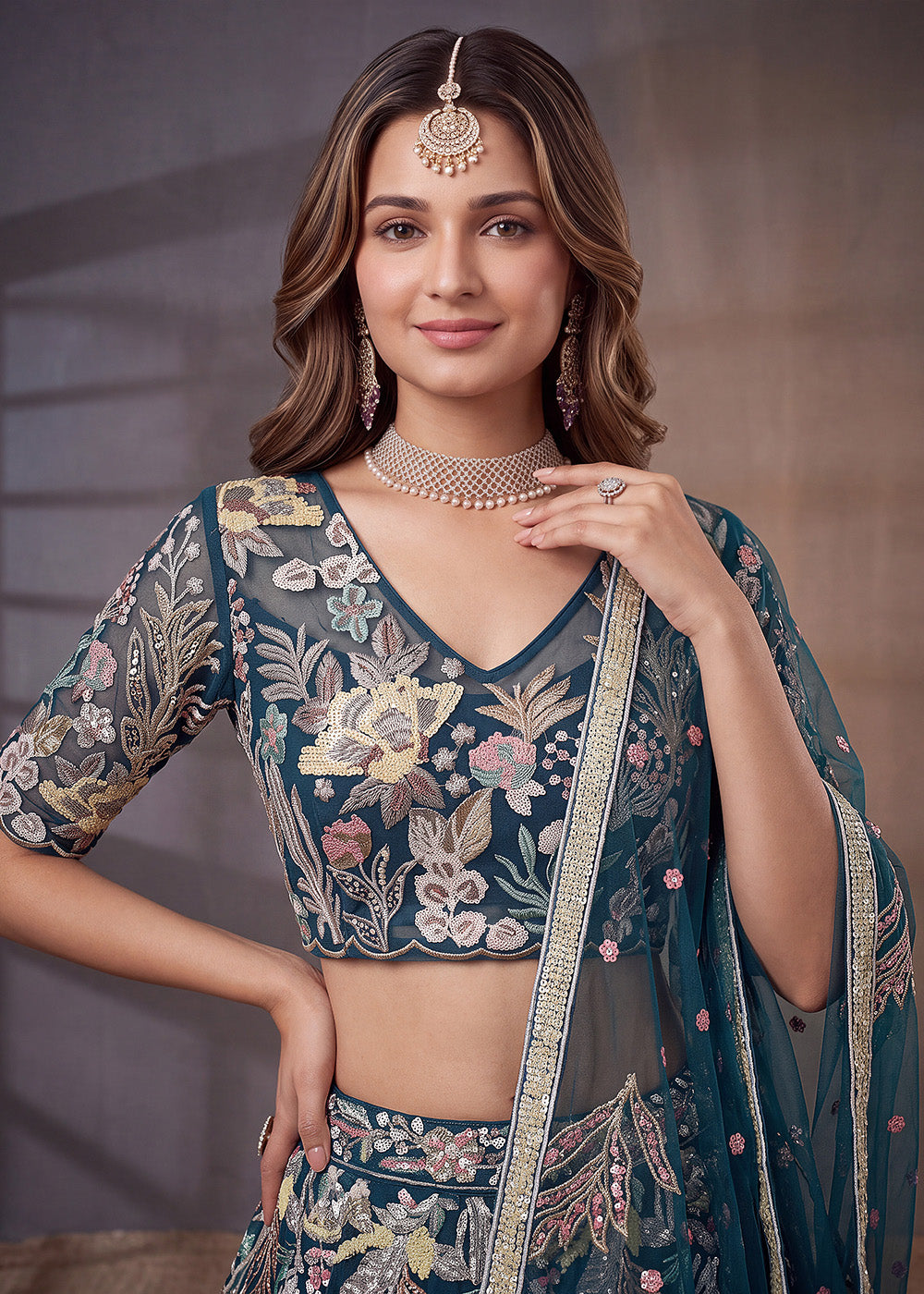 Shop Now Blue Multi Floral Embroidered Wedding Lehenga Choli Online in US, UK, Canada, France, Germany, Spain, Austria, Sweden, UAE & Worldwide at Empress.