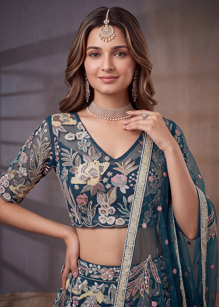Shop Now Blue Multi Floral Embroidered Wedding Lehenga Choli Online in US, UK, Canada, France, Germany, Spain, Austria, Sweden, UAE &amp; Worldwide at Empress.