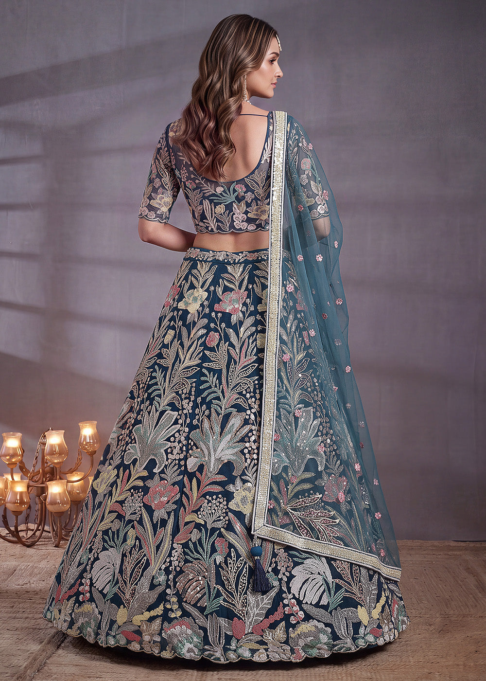 Shop Now Blue Multi Floral Embroidered Wedding Lehenga Choli Online in US, UK, Canada, France, Germany, Spain, Austria, Sweden, UAE &amp; Worldwide at Empress.