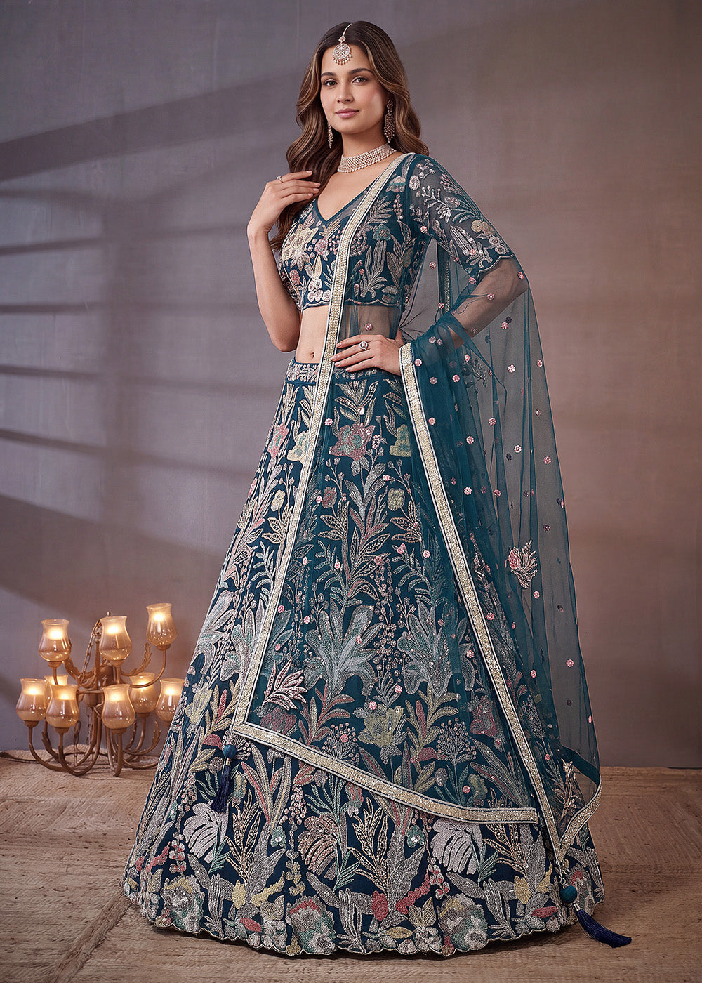 Shop Now Blue Multi Floral Embroidered Wedding Lehenga Choli Online in US, UK, Canada, France, Germany, Spain, Austria, Sweden, UAE &amp; Worldwide at Empress.