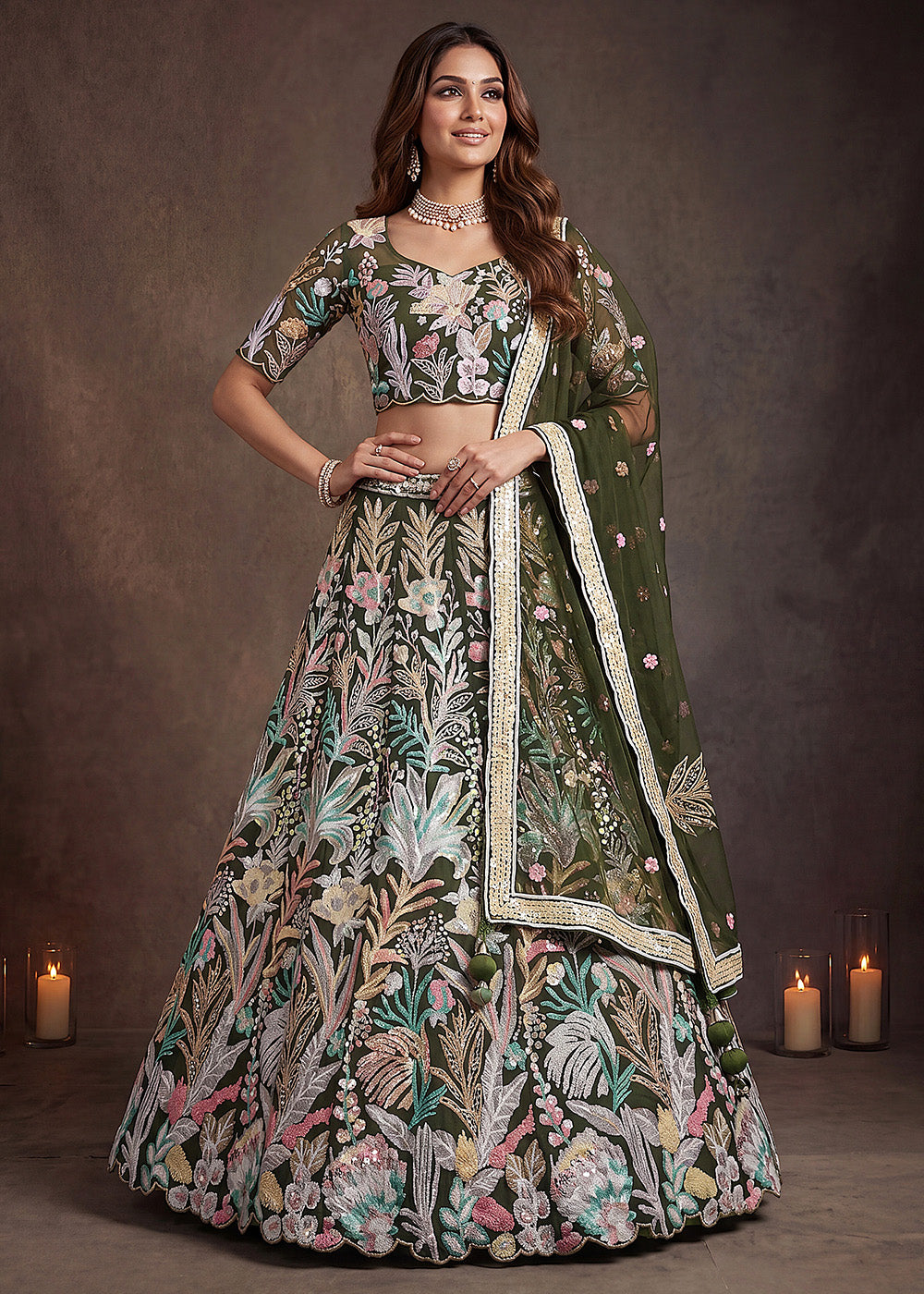 Shop Now Green Multi Floral Embroidered Wedding Lehenga Choli Online in US, UK, Canada, France, Germany, Spain, Austria, Sweden, UAE & Worldwide at Empress.