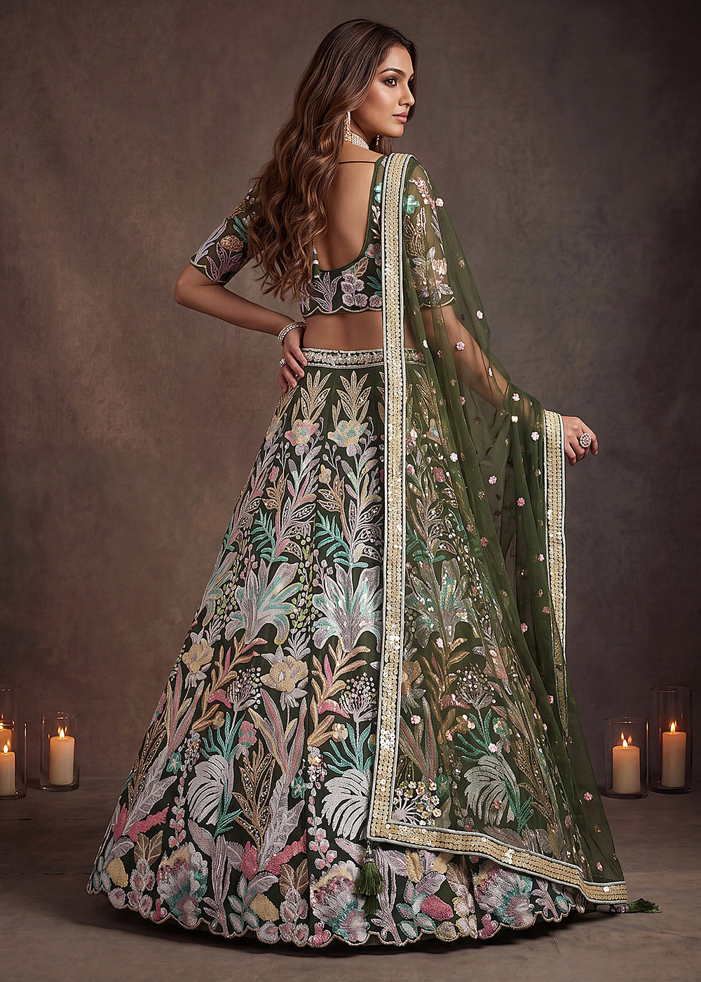 Shop Now Green Multi Floral Embroidered Wedding Lehenga Choli Online in US, UK, Canada, France, Germany, Spain, Austria, Sweden, UAE &amp; Worldwide at Empress.