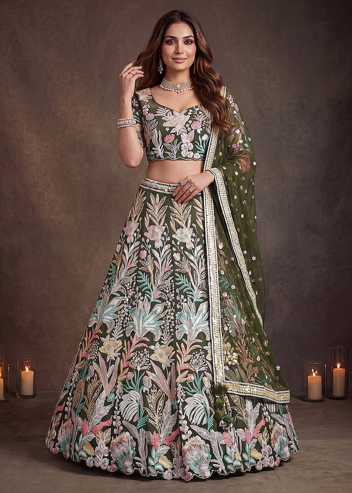 Shop Now Green Multi Floral Embroidered Wedding Lehenga Choli Online in US, UK, Canada, France, Germany, Spain, Austria, Sweden, UAE &amp; Worldwide at Empress.