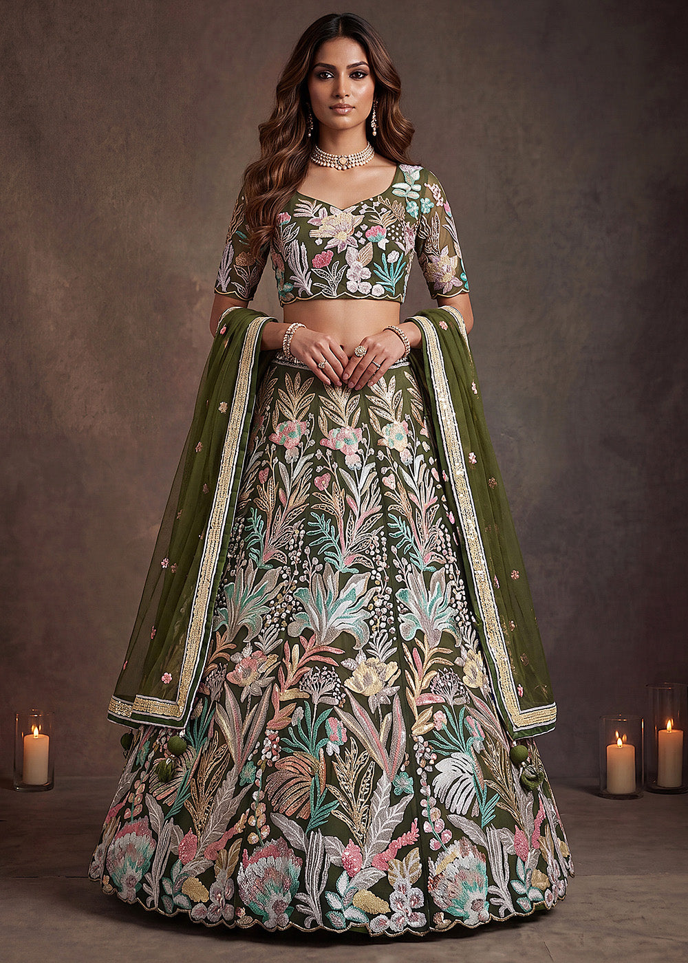 Shop Now Green Multi Floral Embroidered Wedding Lehenga Choli Online in US, UK, Canada, France, Germany, Spain, Austria, Sweden, UAE &amp; Worldwide at Empress.