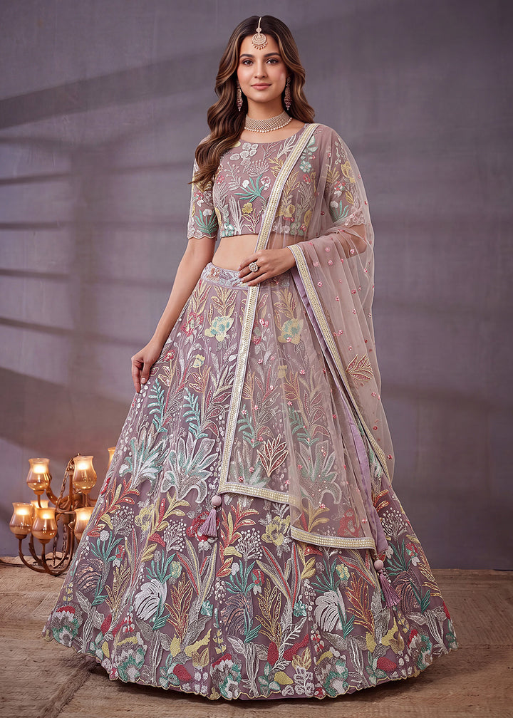 Shop Now Lavender Multi Floral Embroidered Wedding Lehenga Choli Online in US, UK, Canada, France, Germany, Spain, Austria, Sweden, UAE &amp; Worldwide at Empress.