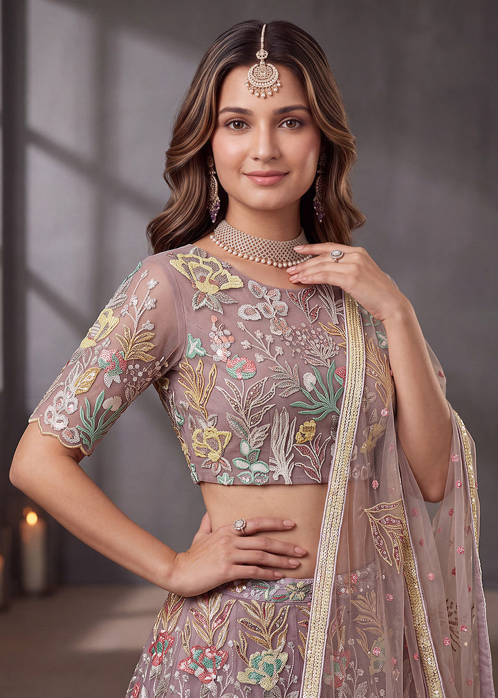 Shop Now Lavender Multi Floral Embroidered Wedding Lehenga Choli Online in US, UK, Canada, France, Germany, Spain, Austria, Sweden, UAE &amp; Worldwide at Empress.