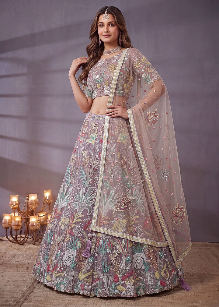 Shop Now Lavender Multi Floral Embroidered Wedding Lehenga Choli Online in US, UK, Canada, France, Germany, Spain, Austria, Sweden, UAE &amp; Worldwide at Empress.