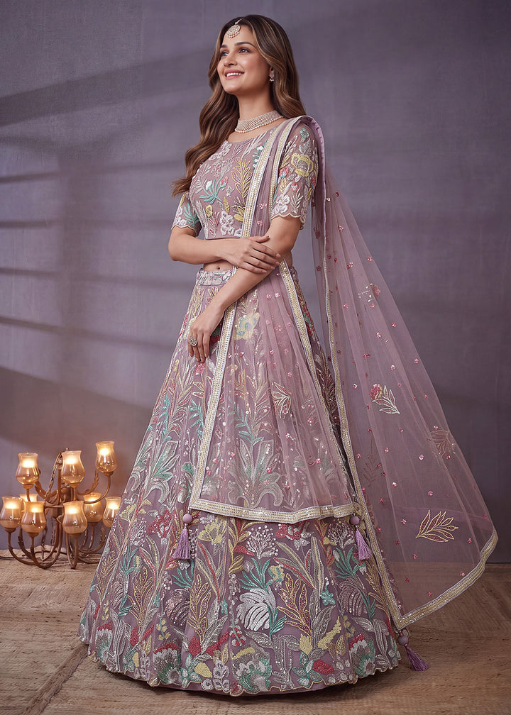 Shop Now Lavender Multi Floral Embroidered Wedding Lehenga Choli Online in US, UK, Canada, France, Germany, Spain, Austria, Sweden, UAE &amp; Worldwide at Empress.