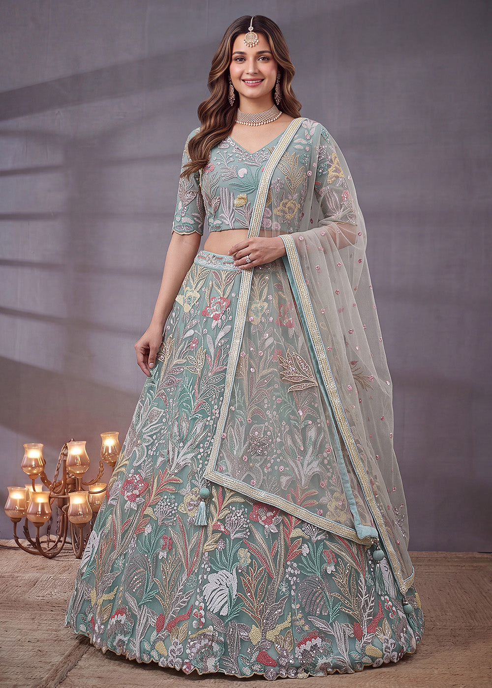 Shop Now Sea Blue Multi Floral Embroidered Wedding Lehenga Choli Online in US, UK, Canada, France, Germany, Spain, Austria, Sweden, UAE &amp; Worldwide at Empress.