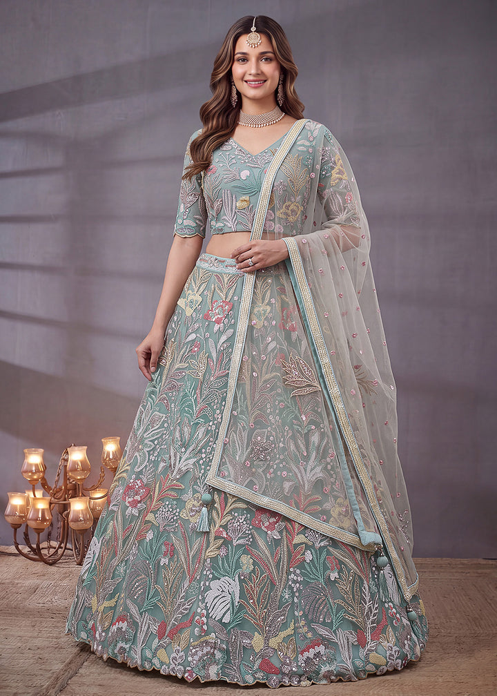Shop Now Sea Blue Multi Floral Embroidered Wedding Lehenga Choli Online in US, UK, Canada, France, Germany, Spain, Austria, Sweden, UAE &amp; Worldwide at Empress.