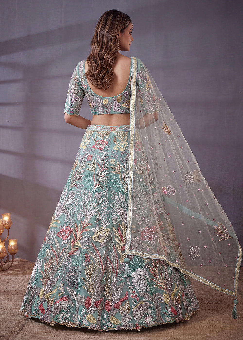 Shop Now Sea Blue Multi Floral Embroidered Wedding Lehenga Choli Online in US, UK, Canada, France, Germany, Spain, Austria, Sweden, UAE &amp; Worldwide at Empress.