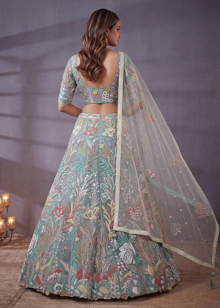 Shop Now Sea Blue Multi Floral Embroidered Wedding Lehenga Choli Online in US, UK, Canada, France, Germany, Spain, Austria, Sweden, UAE &amp; Worldwide at Empress.