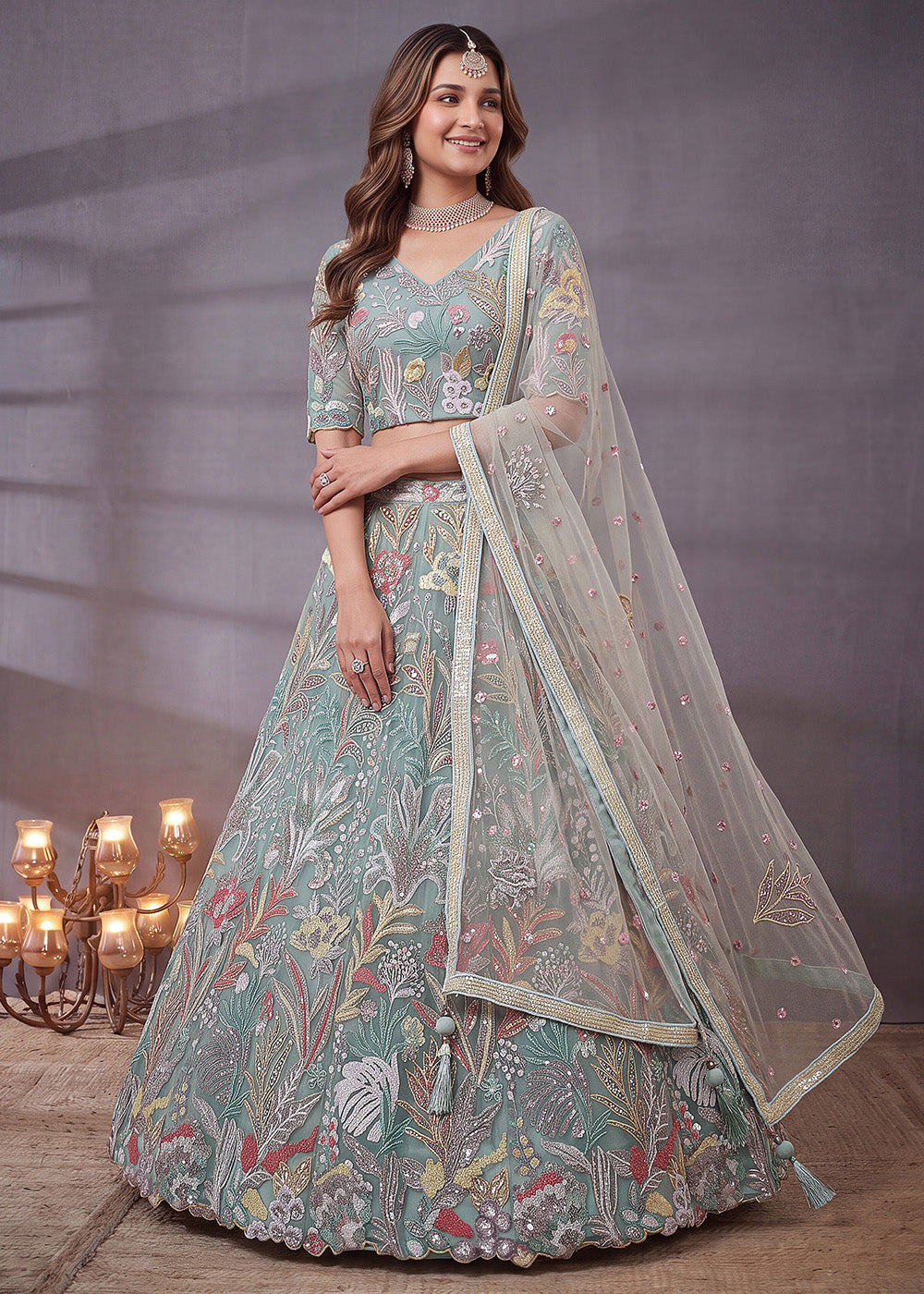 Shop Now Sea Blue Multi Floral Embroidered Wedding Lehenga Choli Online in US, UK, Canada, France, Germany, Spain, Austria, Sweden, UAE & Worldwide at Empress.