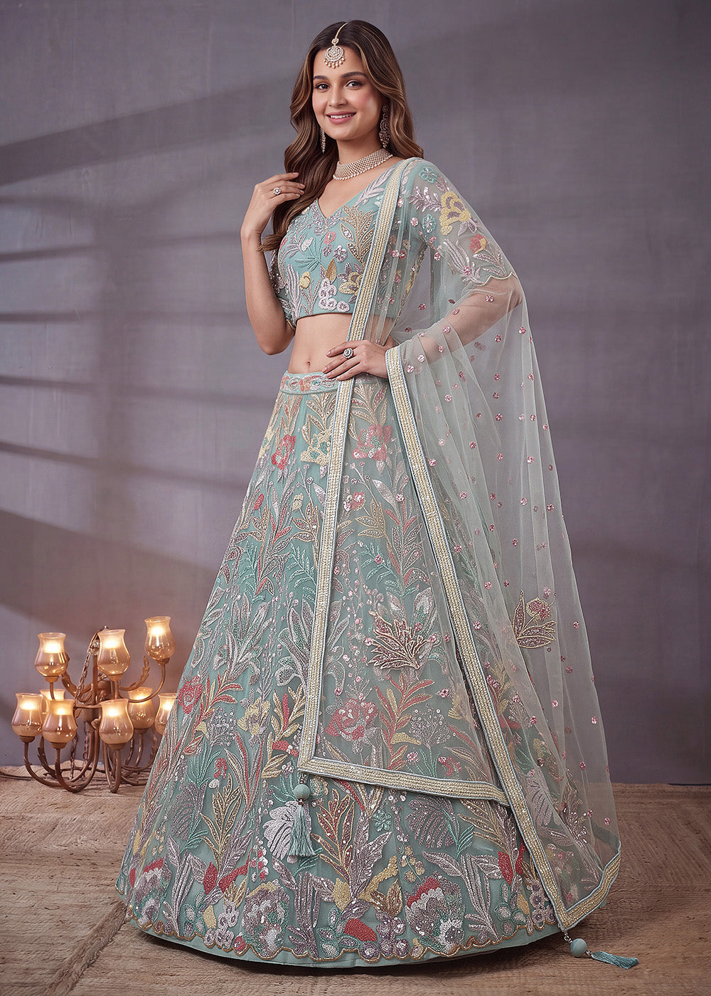 Shop Now Sea Blue Multi Floral Embroidered Wedding Lehenga Choli Online in US, UK, Canada, France, Germany, Spain, Austria, Sweden, UAE &amp; Worldwide at Empress.