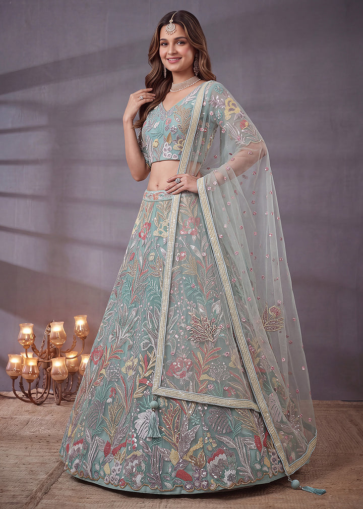 Shop Now Sea Blue Multi Floral Embroidered Wedding Lehenga Choli Online in US, UK, Canada, France, Germany, Spain, Austria, Sweden, UAE &amp; Worldwide at Empress.
