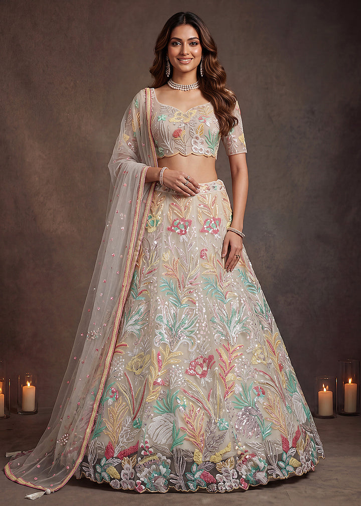 Shop Now White Multi Floral Embroidered Wedding Lehenga Choli Online in US, UK, Canada, France, Germany, Spain, Austria, Sweden, UAE &amp; Worldwide at Empress.