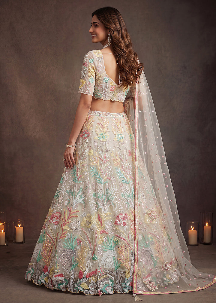 Shop Now White Multi Floral Embroidered Wedding Lehenga Choli Online in US, UK, Canada, France, Germany, Spain, Austria, Sweden, UAE &amp; Worldwide at Empress.