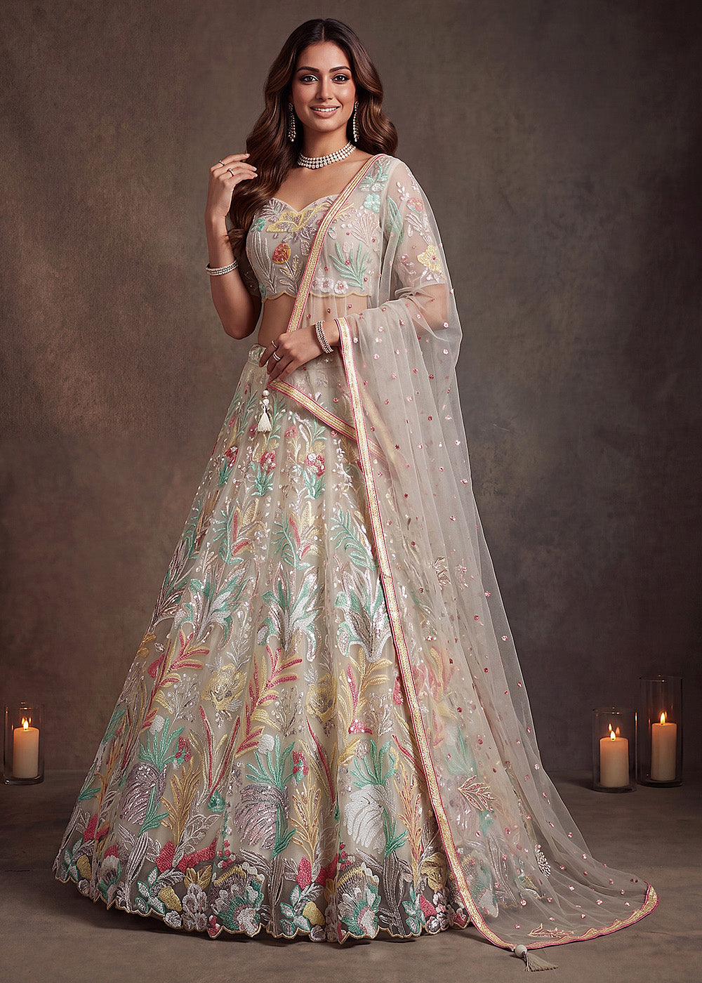 Shop Now White Multi Floral Embroidered Wedding Lehenga Choli Online in US, UK, Canada, France, Germany, Spain, Austria, Sweden, UAE &amp; Worldwide at Empress.