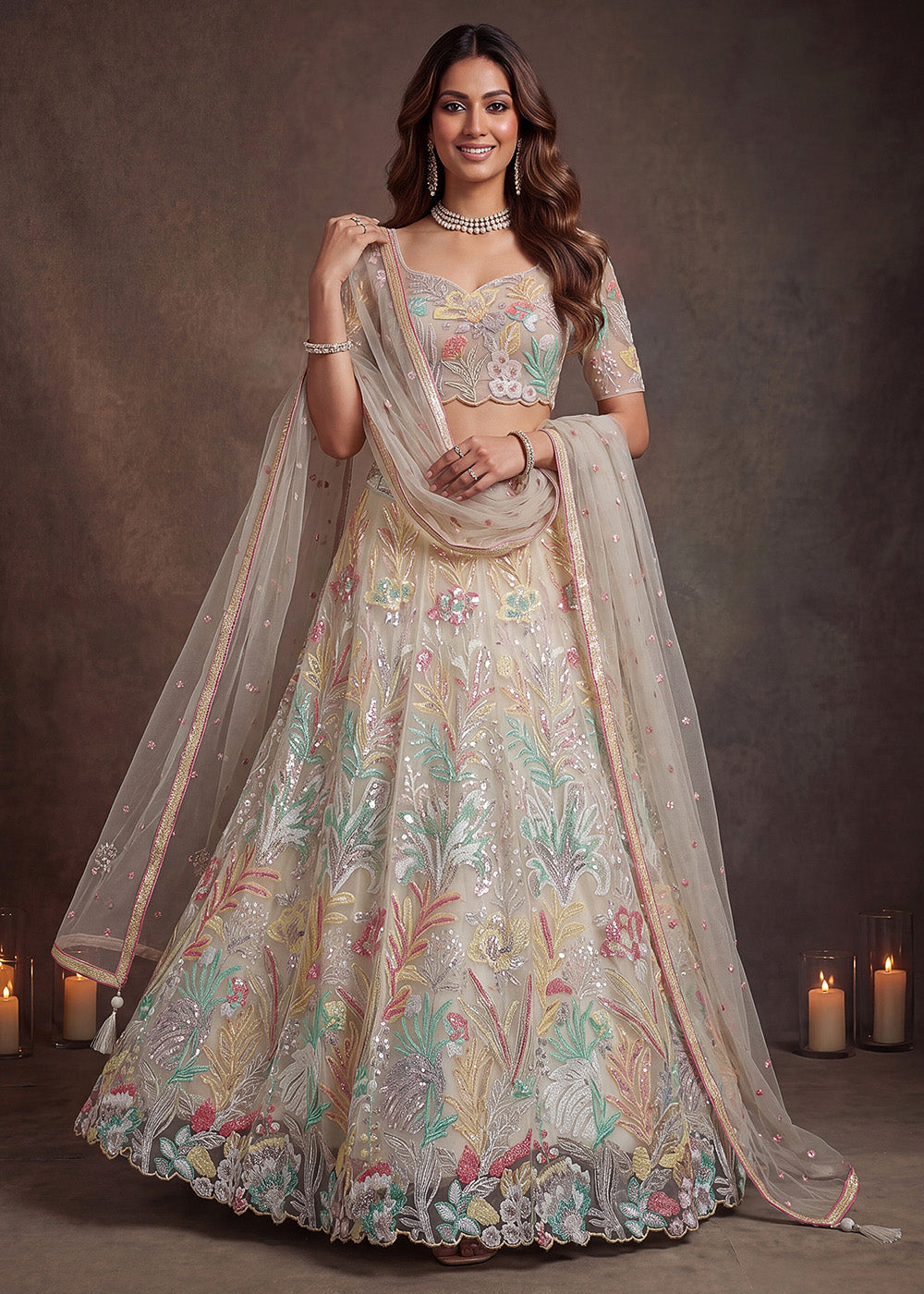 Shop Now White Multi Floral Embroidered Wedding Lehenga Choli Online in US, UK, Canada, France, Germany, Spain, Austria, Sweden, UAE &amp; Worldwide at Empress.