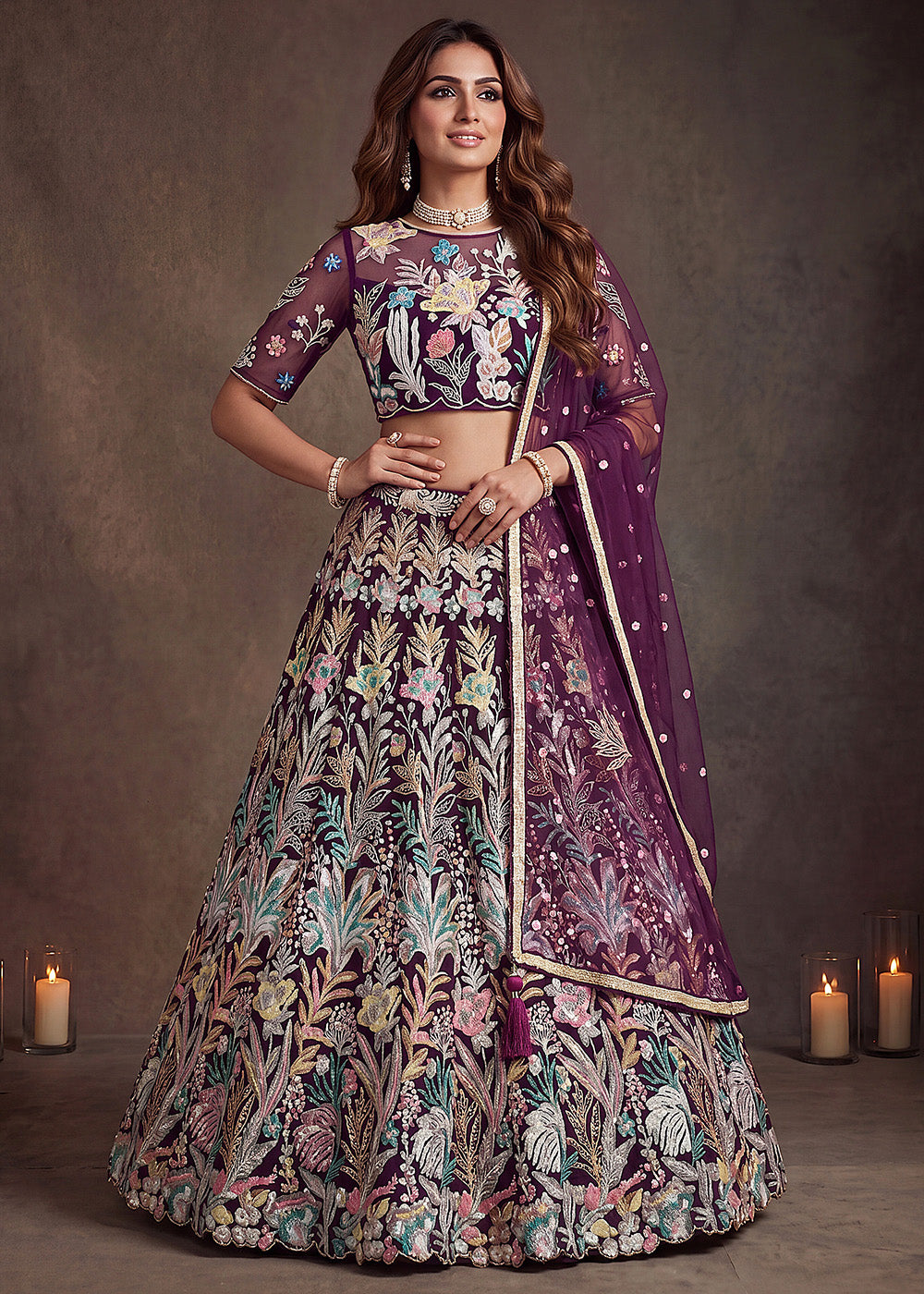 Shop Now Wine Multi Floral Embroidered Wedding Lehenga Choli Online in US, UK, Canada, France, Germany, Spain, Austria, Sweden, UAE & Worldwide at Empress.