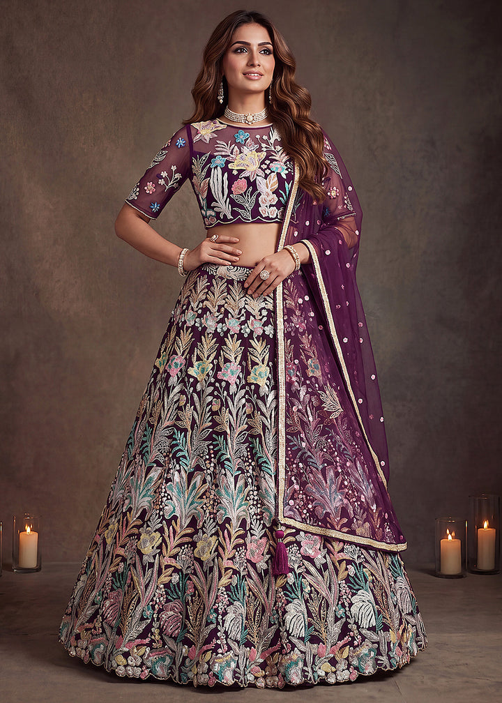 Shop Now Wine Multi Floral Embroidered Wedding Lehenga Choli Online in US, UK, Canada, France, Germany, Spain, Austria, Sweden, UAE &amp; Worldwide at Empress.